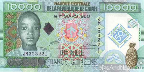 10000 франков 01.03.2010 года. Гвинея. р45