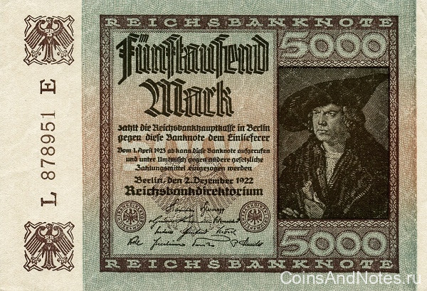 5000 марок 02.12.1922 года. Германия. р81b(2)