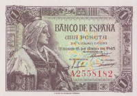 Банкнота 1 песет 1945 года. Испания. р128