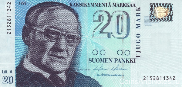 20 марок 1993 года. Финляндия. р123(2)