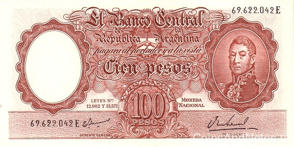100 песо 1954-1968 годов. Аргентина. р272(10)