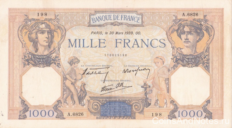1000 франков 30.03.1939 года. Франция. р90с