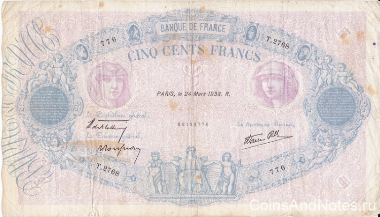 500 франков 24.03.1938 года. Франция. р88с