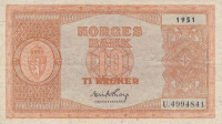 10 крон 1951 года. Норвегия. р26L