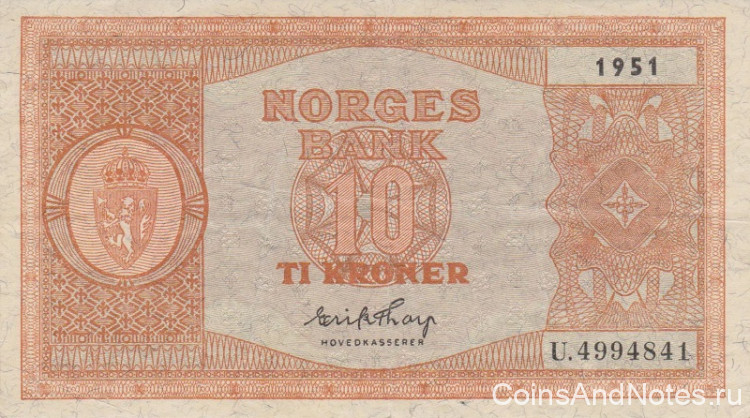 10 крон 1951 года. Норвегия. р26L