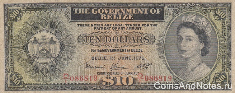 10 долларов 1975 года. Белиз. р36b