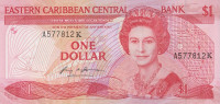 Банкнота 1 доллар 1985-1988 годов. Карибские острова. р17к