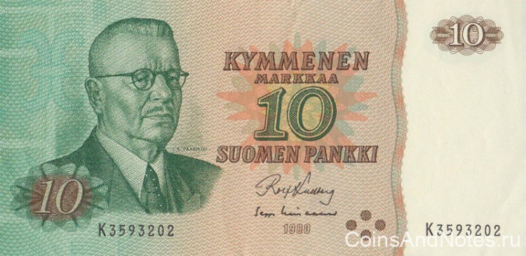 10 марок 1980 года. Финляндия. р111а(27) 10 марок 1980 года. Финляндия. р111а(27)