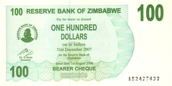 100 долларов 01.08.2006 года. Зимбабве. р42