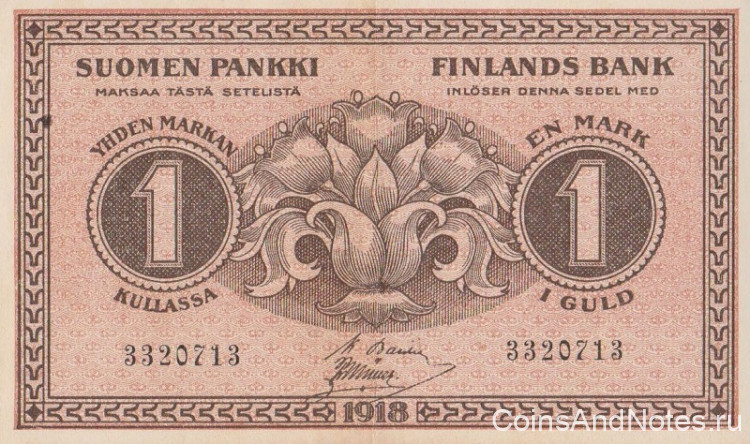 1 марка 1918 года. Финляндия. р35(6)