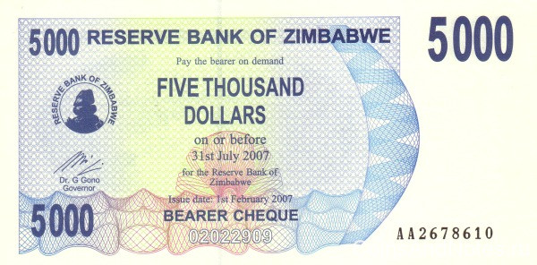 5000 долларов 31.07.2007 года. Зимбабве. р45