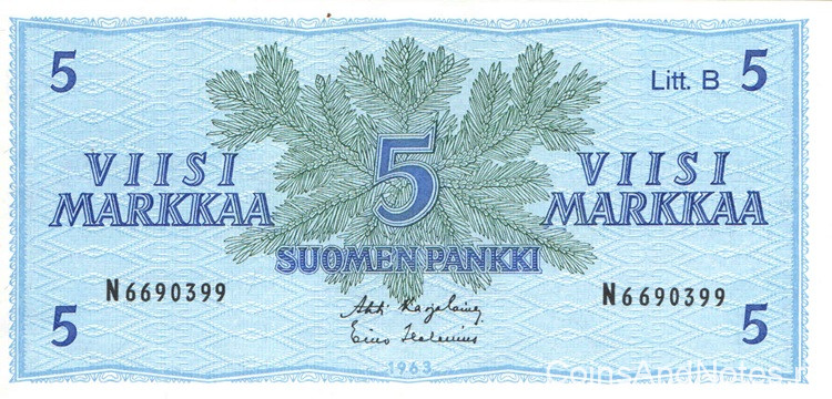 5 марок 1963 года. Финляндия. р106Аа(3)
