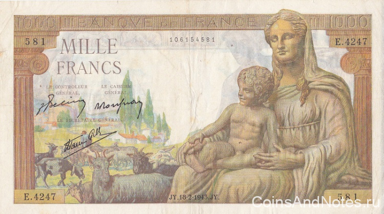 1000 франков 18.02.1943 года. Франция. р102