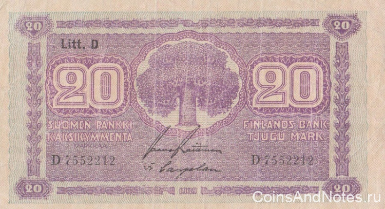 20 марок 1939 года. Финляндия. р71а(23)