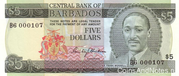 5 долларов 1975 года. Барбадос. р32