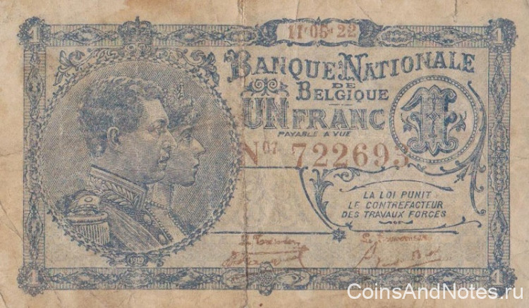 1 франк 11.05.1922 года. Бельгия. р92