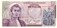 Банкнота 10 песо 1980 года. Колумбия. р407g