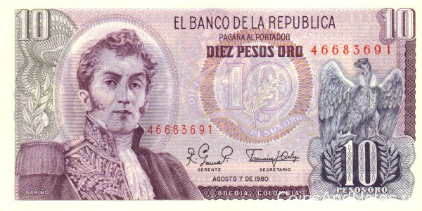 10 песо 1980 года. Колумбия. р407g