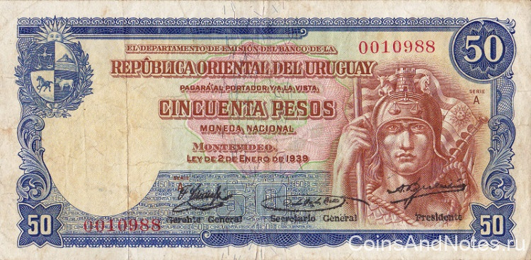 50 песо 1939 года. Уругвай. р38а