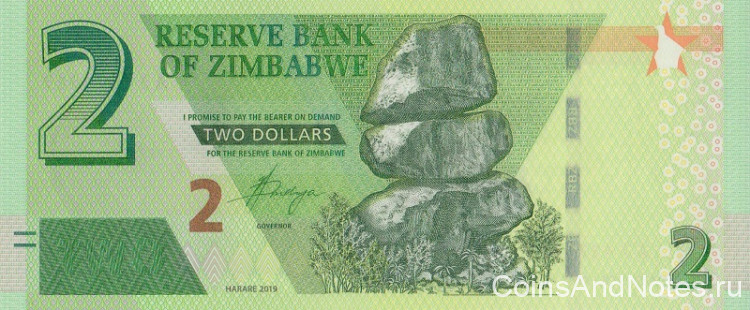 2 доллара 2019 года. Зимбабве. р new