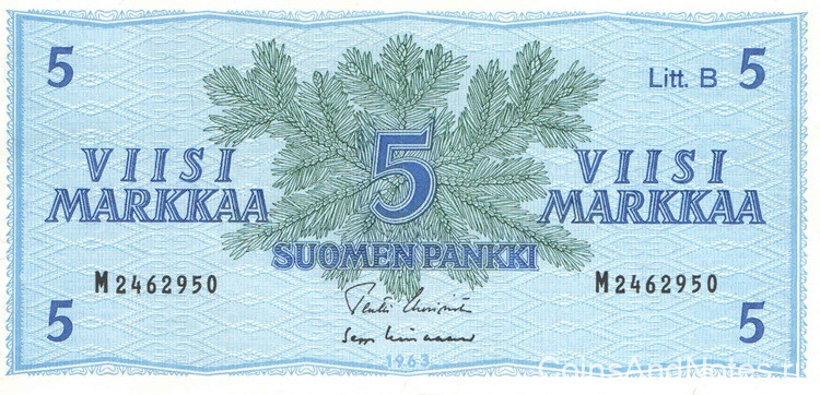 5 марок 1963 года. Финляндия. р106Аа(17) 5 марок 1963 года. Финляндия. р106Аа(17)