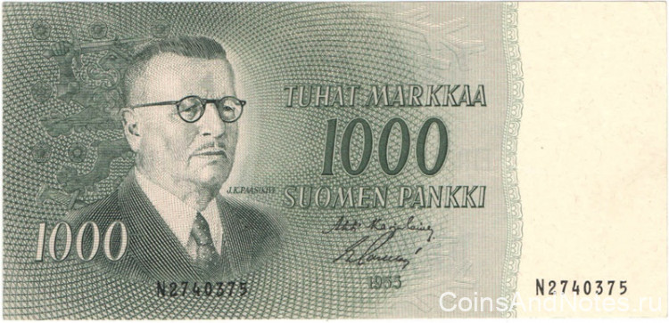 1000 марок 1955 года. Финляндия. р93а(21)