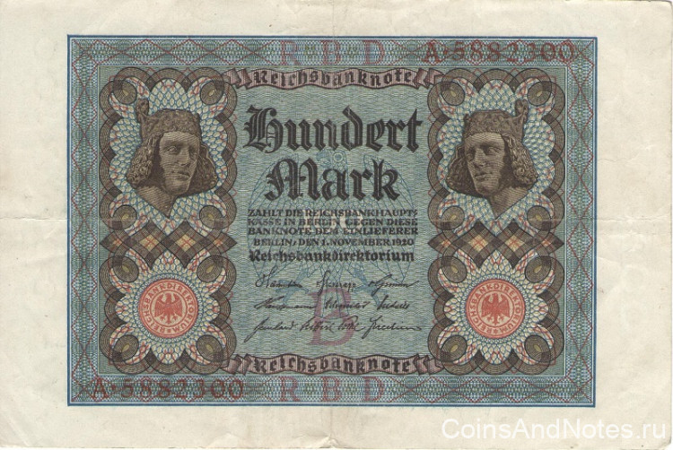 100 марок 01.11.1920 года. Германия. р69а