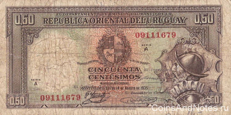 50 чентезимо 1935 года. Уругвай. р27b(2)