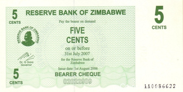 5 центов 01.08.2006 года. Зимбабве. р34
