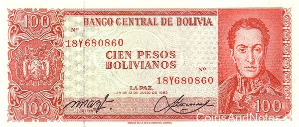 100 песо 1962 года. Боливия. р164А(2)