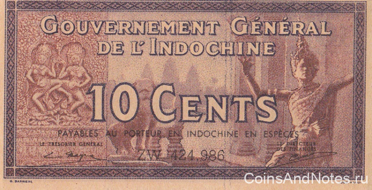10 центов 1939 года. Французский Индокитай. р85е