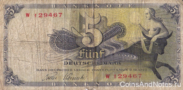 5 марок 09.12.1948 года. ФРГ. р13i
