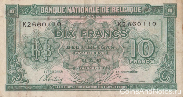 10 франков (2 бельга) 01.02.1943 года. Бельгия. р122