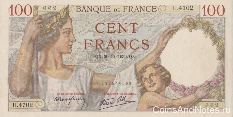 100 франков 1939 года. Франция. р94