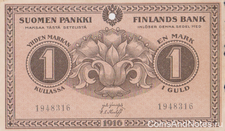 1 марка 1916 года. Финляндия. р19(5)