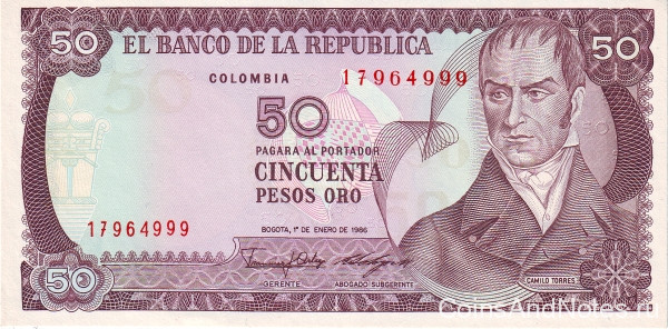 50 песо 1986 года. Колумбия. р425b