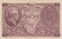 Банкнота 5 лир 23.11.1944 года. Италия. р31b