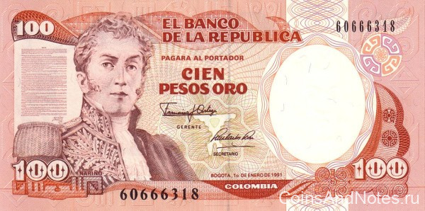 100 песо 1991 года. Колумбия. р426e