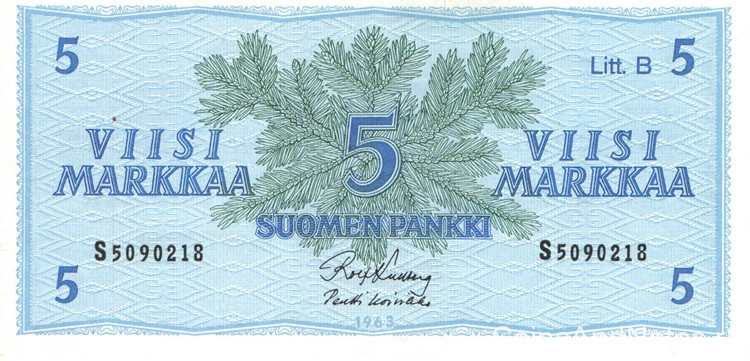 5 марок 1963 года. Финляндия. р106Аа(28) 5 марок 1963 года. Финляндия. р106Аа(28)