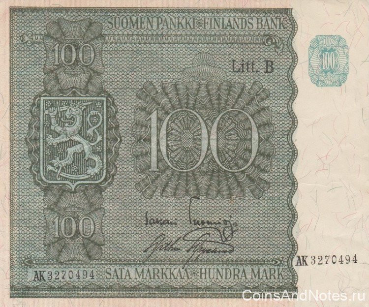 100 марок 1945 года. Финляндия. р88(19)