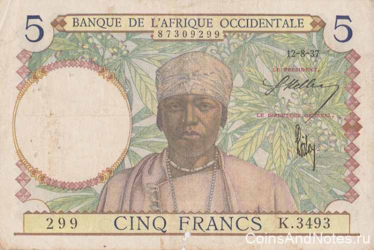 5 франков 12.08.1937 года. Французская Западная Африка. р21