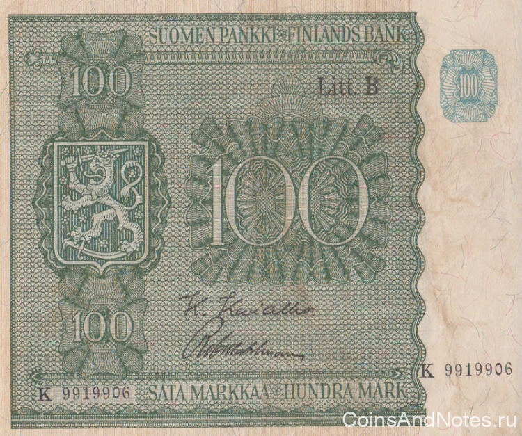 100 марок 1945 года. Финляндия. р88(1)