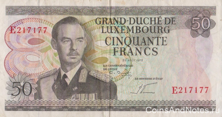 50 франков 25.08.1972 года. Люксембург. р55b