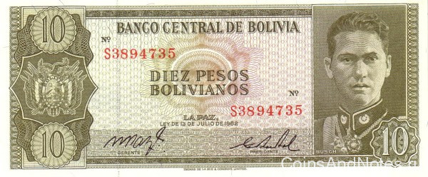 10 песо 1962 года. Боливия. р154а(17)