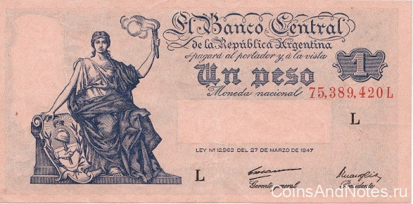 1 песо 1947-51 годов. Аргентина. р257(1)