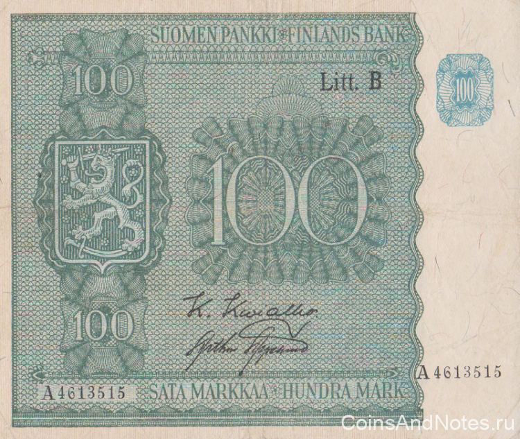 100 марок 1945 года. Финляндия. р88(2) 100 марок 1945 года. Финляндия. р88(2)