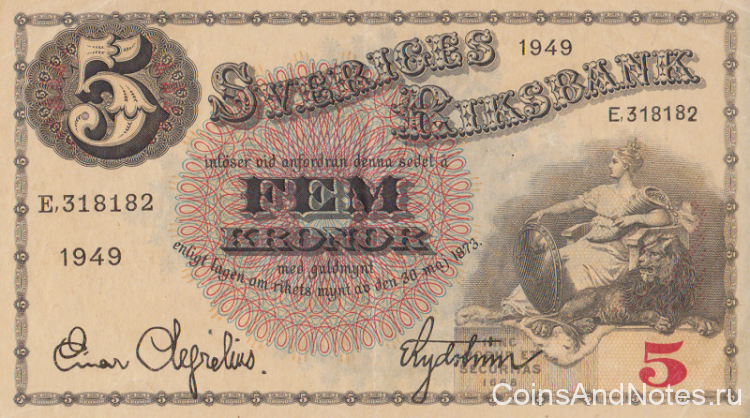 5 крон 1949 года. Швеция. р33af(9) 5 крон 1949 года. Швеция. р33af(9)