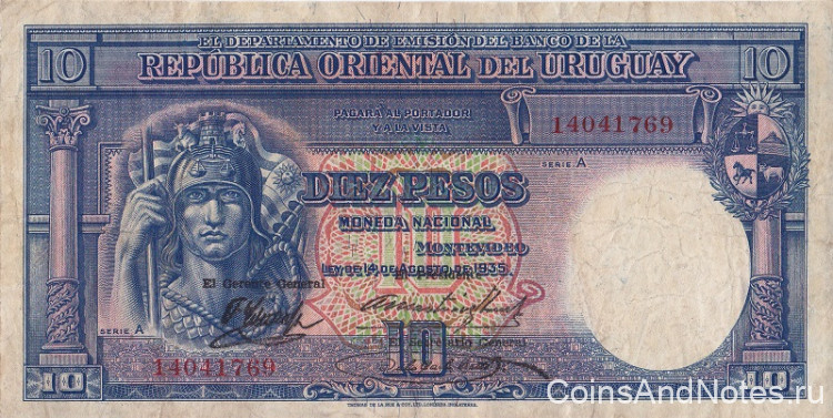 10 песо 1935 года. Уругвай. р30b(2)