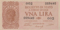 Банкнота 1 лира 23.11.1944 года. Италия. р29а