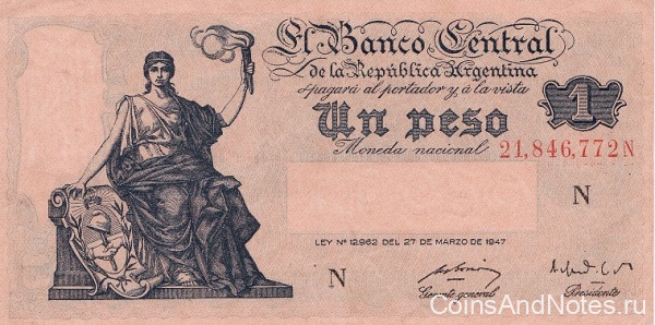 1 песо 1948-51 годов. Аргентина. р257(4)